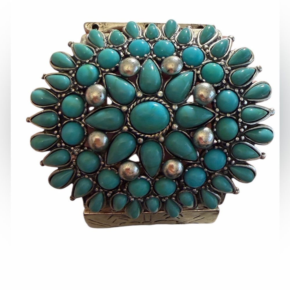 #677 Southwestern Turquoise Cluster Large Statement Silver Bracelet -Wide Band - Picture 2 of 7